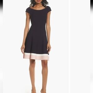 Eliza J Off Shoulder Fit & Flare Dress Navy Pink Colorblock Size 4